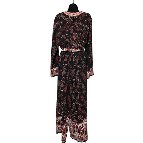 One September Jumpsuit XL Wide Leg Wrap Bodice Embroidered Black Burgundy Resort - Picture 8 of 12